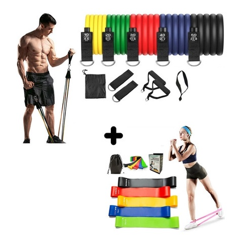 Kit 11 Home Training Elastic Extender + Kit 5 Mini Band For Multifunctional Exercises Yoga Physiotherapy and Training