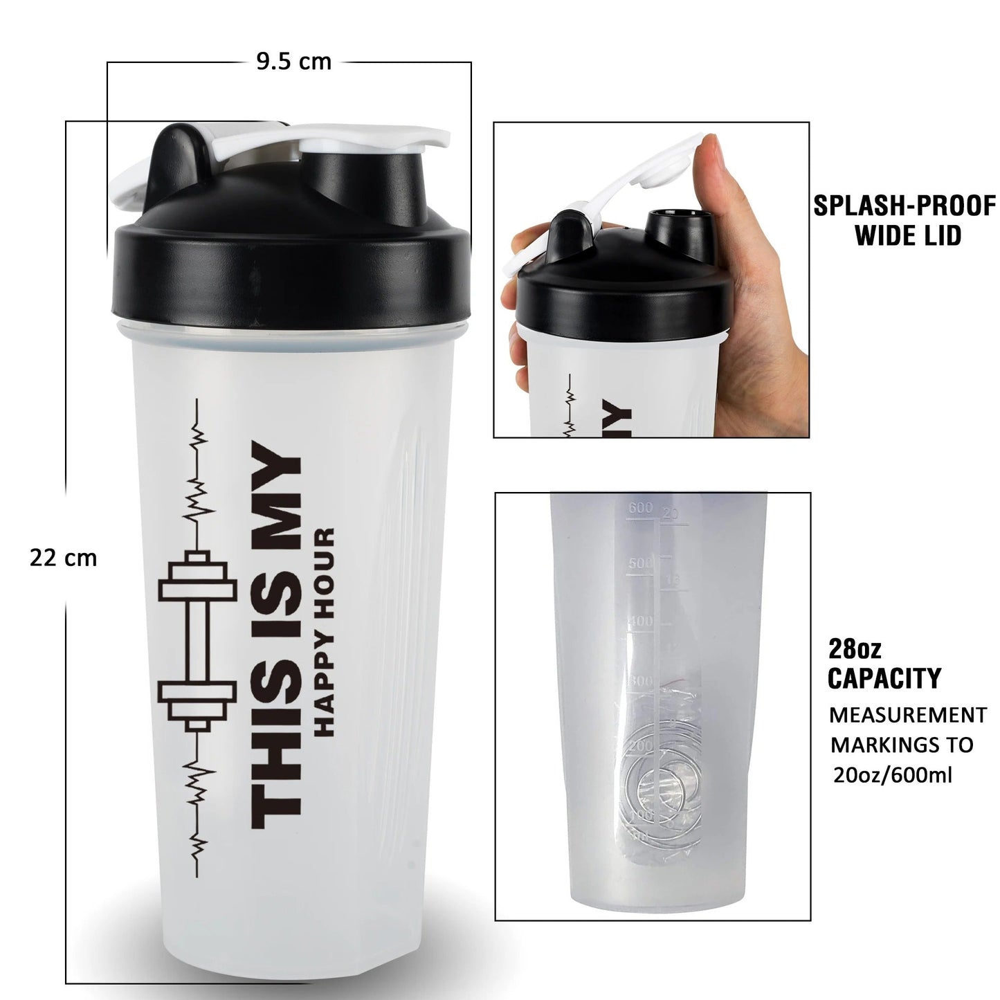 Protein Shaker Bottle 20oz Supplements Mixes Drink Cup with Blender Ball Motivation 600ml Clear Measure Leak Proof for Gym Sport